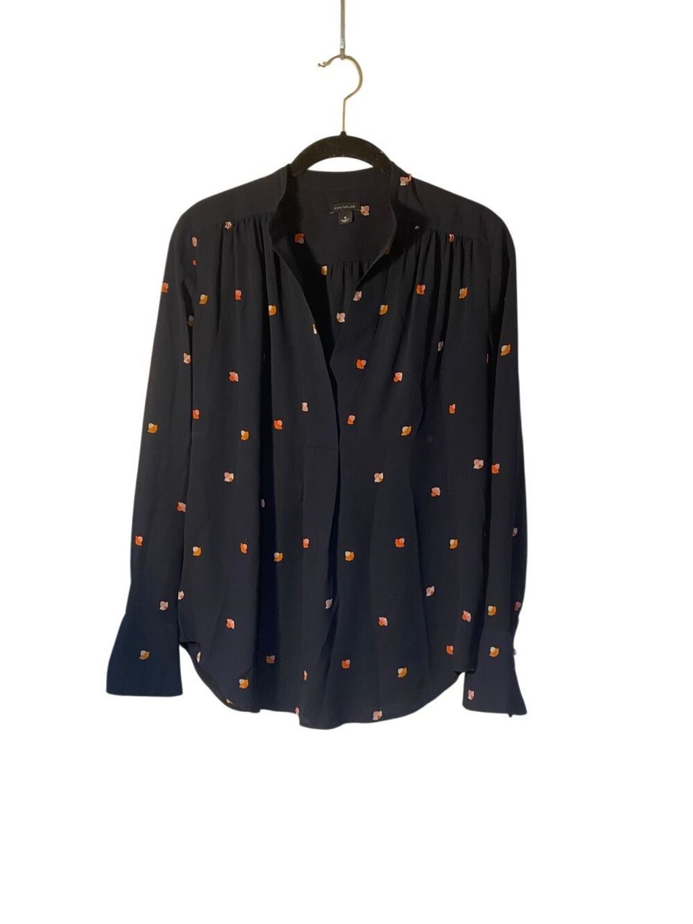 Ann Taylor women’s navy blue floral, print, long sleeve blouse S